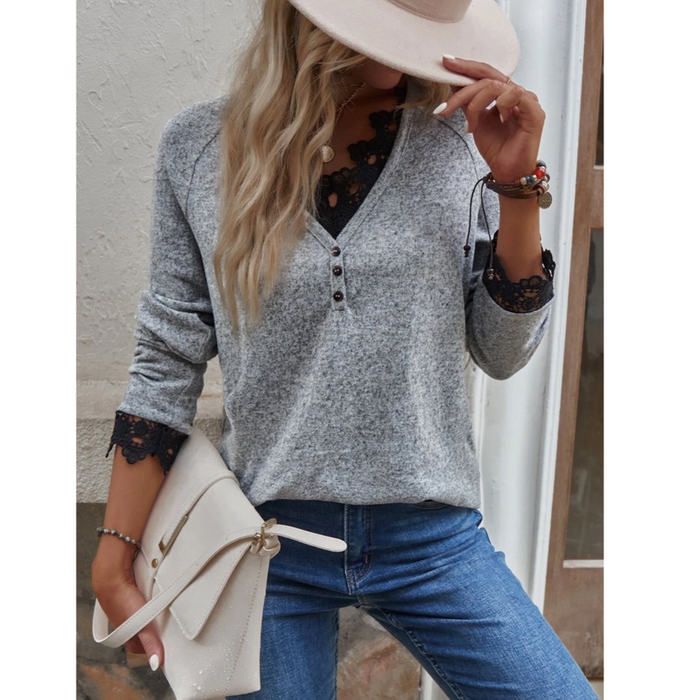 Grey Casual Marled Long Sleeve Tee Shirt V neck Buttons Contrast Black Lace - Picture 4 of 9